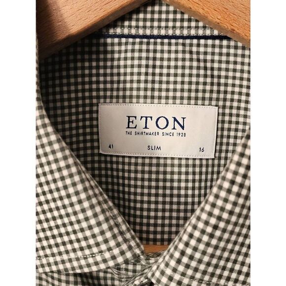 Eton Micro Check 41 16 Slim Spread Collar Button Up Long Sleeve Dress Shirt Gree - Picture 2 of 10